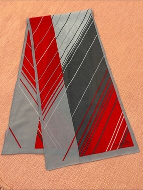 Long scarf - vintage Red and Gray Geometric - Jean Pierre Robin